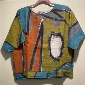 Andrea GEER Artistic Abstract Multicolor Structure Linen Short Sleeve Shirt
